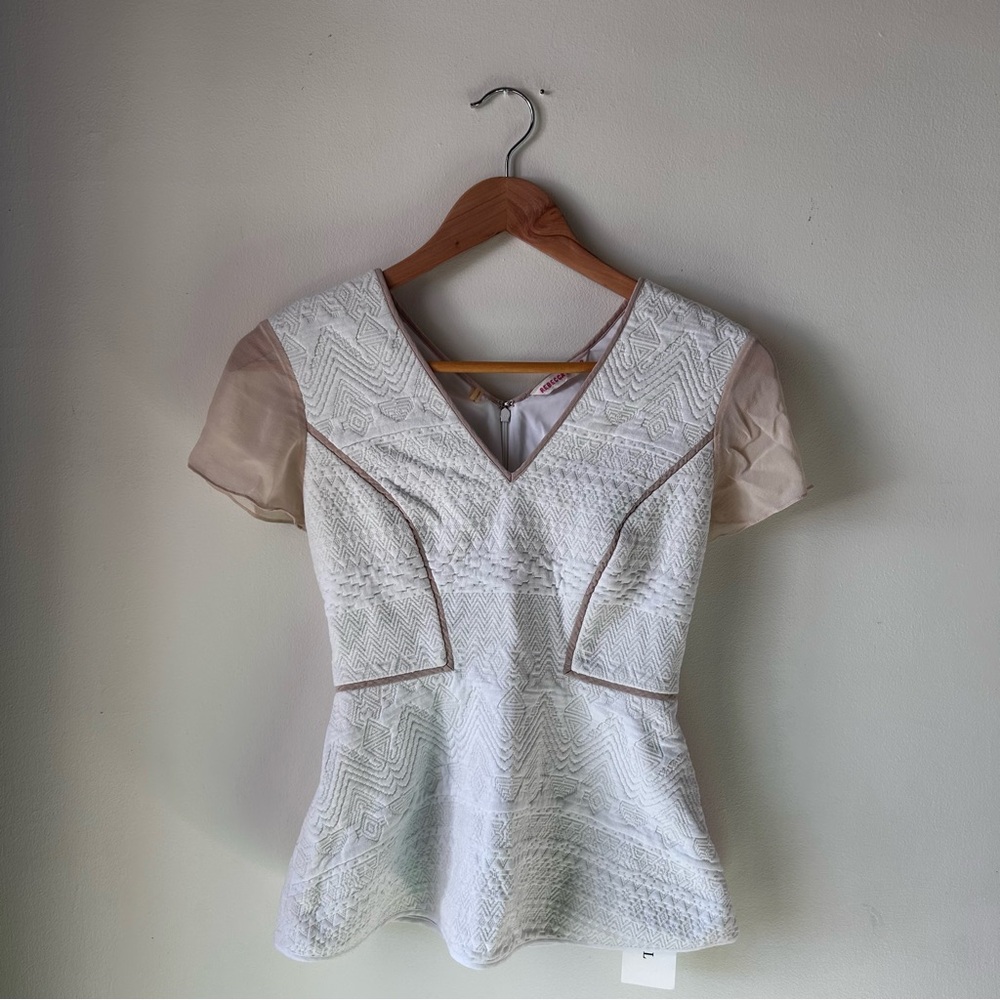 Rebecca Taylor White Cut Out Peplum Short Chiffon Sleeve Knit Top Size 0